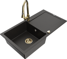 Mexen Leo granitspüle 1-beckig mit abtropffläche und Küchenarmatur Elia, schwarz/gold metallic - 6501-75-670101-50