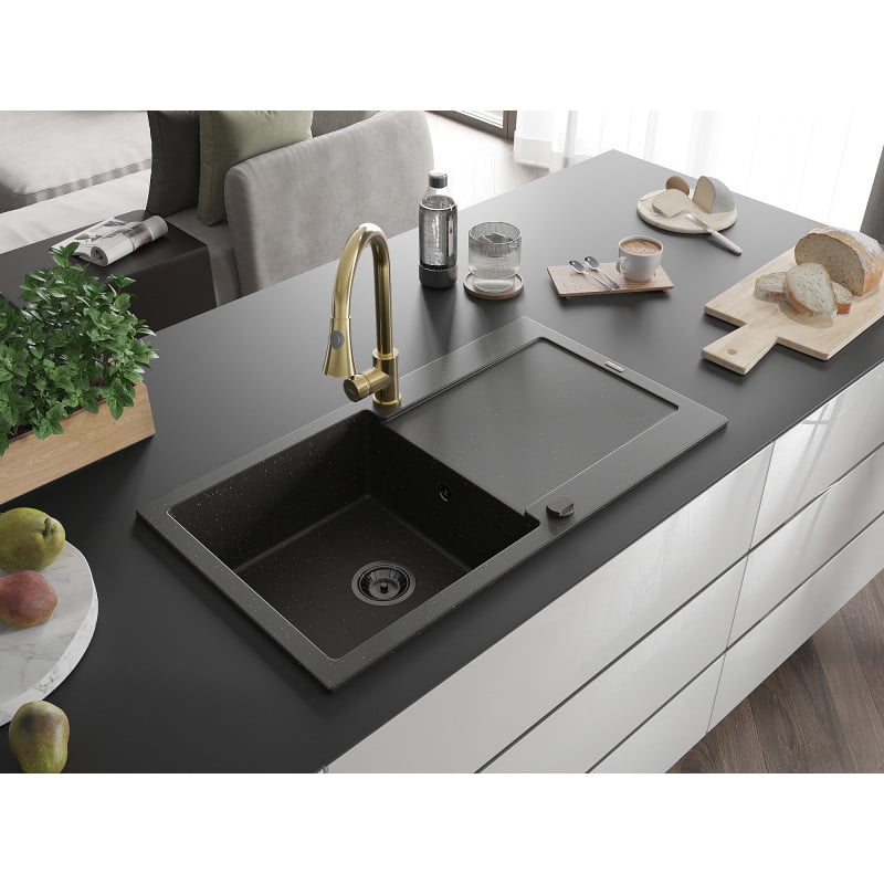 Mexen Leo Granitspüle 1-Becken mit Abtropffläche und Küchenarmatur Elia, schwarz/gold metallic - 6501-75-670101-50-B