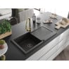 Mexen Leo Granitspüle 1-Becken mit Abtropffläche und Küchenarmatur Elia, schwarz/gold metallic - 6501-75-670101-50-B