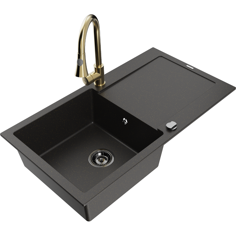 Mexen Leo Granitspüle 1-Becken mit Abtropffläche und Küchenarmatur Elia, schwarz/gold metallic - 6501-75-670101-50-B