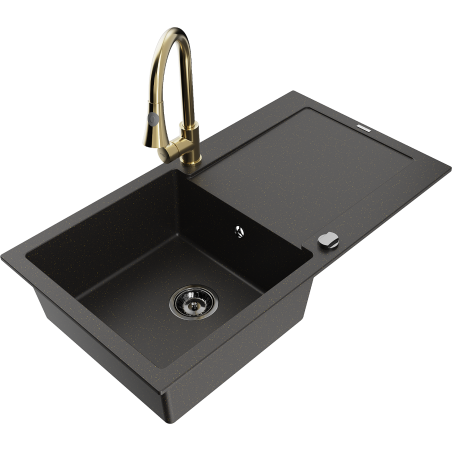 Mexen Leo Granitspüle 1-Becken mit Abtropffläche und Küchenarmatur Elia, schwarz/gold metallic - 6501-75-670101-50-B