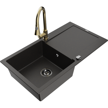 Mexen Leo Granitspüle 1-beckig mit Abtropffläche und Küchenarmatur Elia, Schwarz/Gold Metallic - 6501-75-670101-50-B