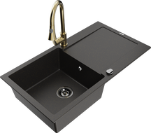 Mexen Leo Granitspüle 1-Becken mit Abtropffläche und Küchenarmatur Elia, schwarz/gold metallic - 6501-75-670101-50-B