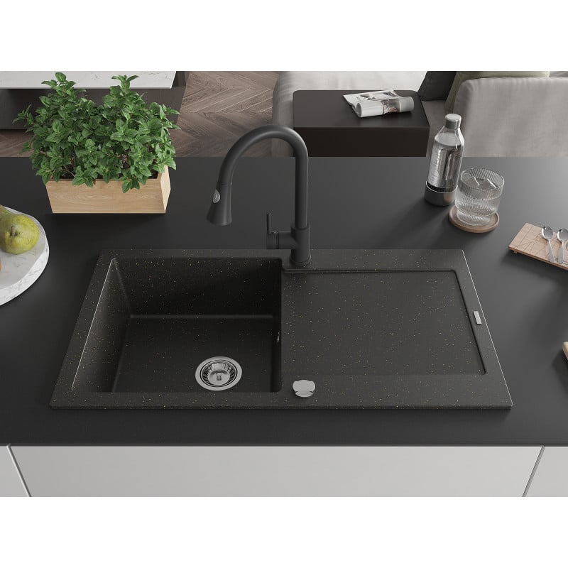 Mexen Leo Granitspüle 1-Kammer mit Abtropffläche und Küchenarmatur Elia, schwarz/gold metallic - 6501-75-670101-70
