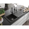 Mexen Leo Granitspüle 1-Kammer mit Abtropffläche und Küchenarmatur Elia, schwarz/gold metallic - 6501-75-670101-70