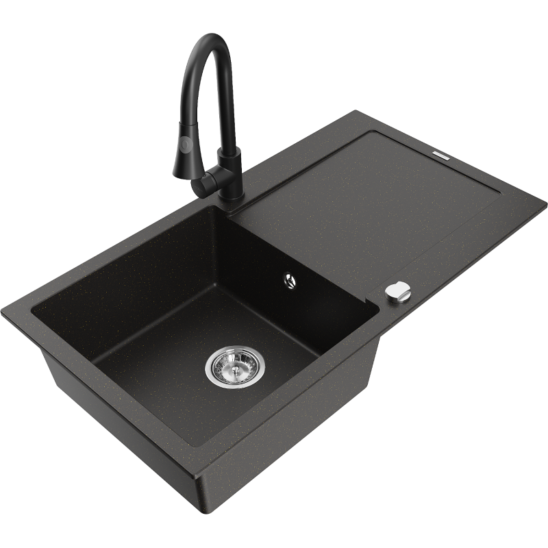 Mexen Leo Granitspüle 1-Kammer mit Abtropffläche und Küchenarmatur Elia, schwarz/gold metallic - 6501-75-670101-70