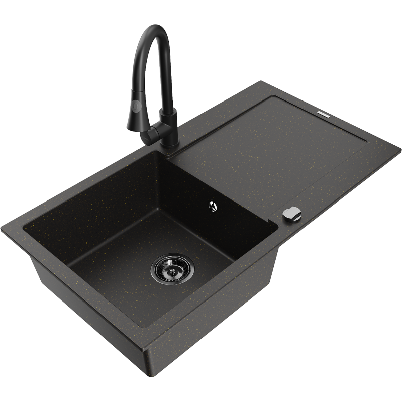 Mexen Leo granit Spüle 1-Becken mit Abtropffläche und Küchenarmatur Elia, schwarz/gold metallic - 6501-75-670101-70-B