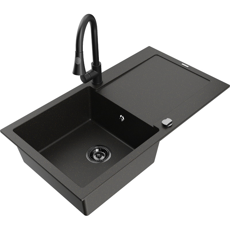 Mexen Leo Granitspüle 1-Becken mit Abtropffläche und Küchenarmatur Elia, schwarz/gold metallic - 6501-75-670101-70-B