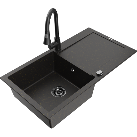 Mexen Leo granit Spüle 1-Becken mit Abtropffläche und Küchenarmatur Elia, schwarz/gold metallic - 6501-75-670101-70-B
