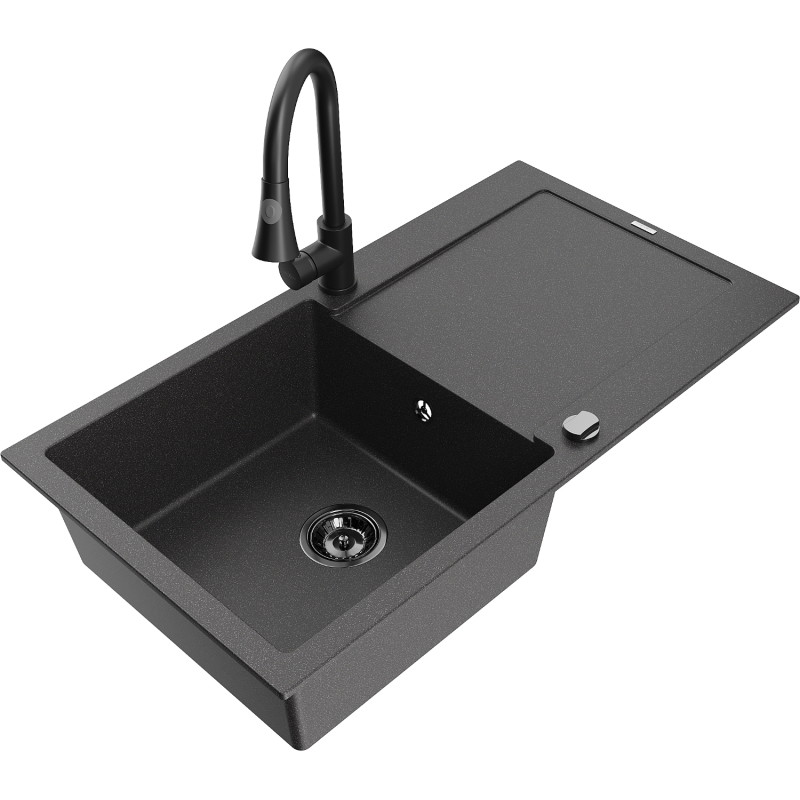 Mexen Leo Granitspüle 1-bowl mit Abtropffläche und Küchenarmatur Elia, schwarz gesprenkelt - 6501-76-670101-70-B