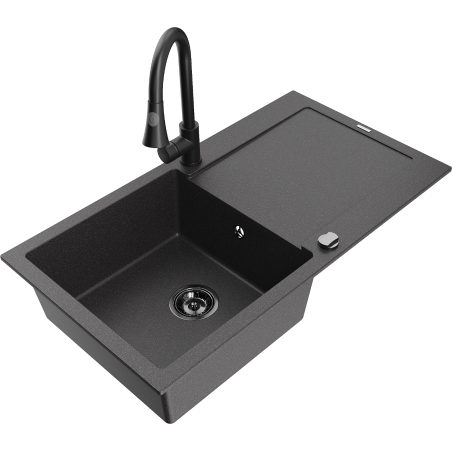 Mexen Leo Granitspüle 1-bowl mit Abtropffläche und Küchenarmatur Elia, schwarz gesprenkelt - 6501-76-670101-70-B