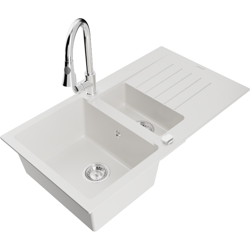 Mexen Matias Granitspüle 1,5-Becken mit Abtropffläche und Küchenarmatur Elia, weiß - 6502-20-670101-00