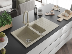 Mexen Matias Granitspüle 1,5-beckig mit Abtropffläche und Küchenarmatur Elia, beige - 6502-69-670101-69