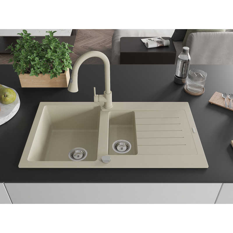 Mexen Matias 1,5-fach Granitspüle mit Abtropffläche und Küchenarmatur Elia, beige - 6502-69-670101-69