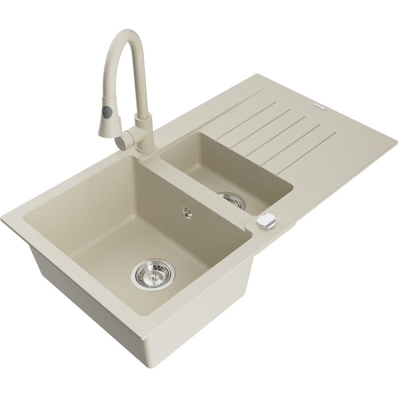 Mexen Matias 1,5-fach Granitspüle mit Abtropffläche und Küchenarmatur Elia, beige - 6502-69-670101-69