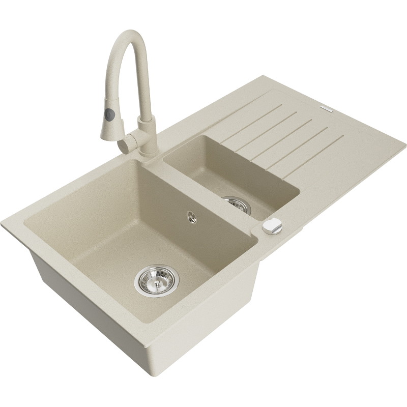 Mexen Matias Granitspüle 1,5 Becken mit Abtropffläche und Küchenarmatur Elia, beige - 6502-69-670101-69