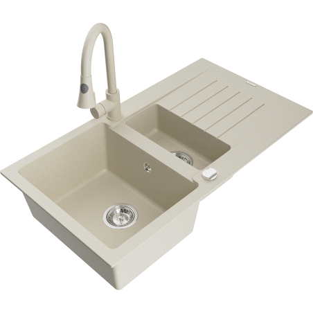 Mexen Matias 1,5-fach Granitspüle mit Abtropffläche und Küchenarmatur Elia, beige - 6502-69-670101-69