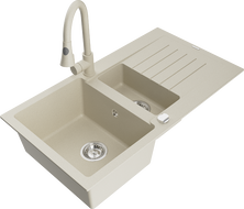 Mexen Matias Granitspüle 1,5-beckig mit Abtropffläche und Küchenarmatur Elia, beige - 6502-69-670101-69
