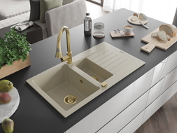 Mexen Matias Granitspüle 1,5-beckig mit Abtropffläche und Küchenarmatur Elia, beige - 6502-69-670101-50