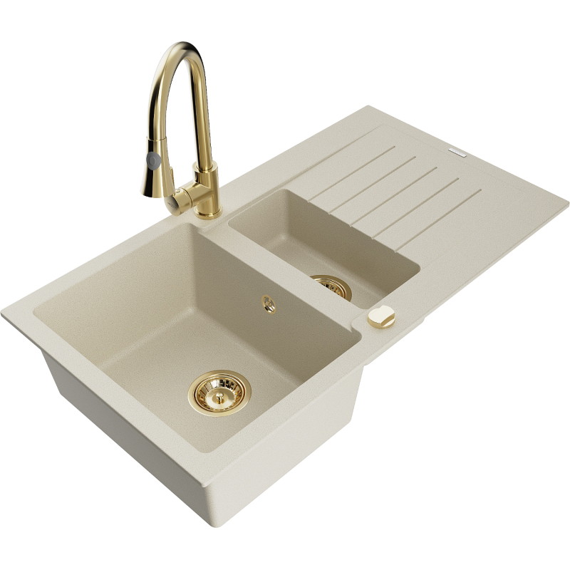 Mexen Matias Granitspüle 1,5-Becken mit Abtropffläche und Küchenarmatur Elia, beige - 6502-69-670101-50