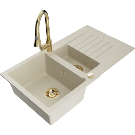 Mexen Matias Granitspüle 1,5-beckig mit Abtropffläche und Küchenarmatur Elia, beige - 6502-69-670101-50