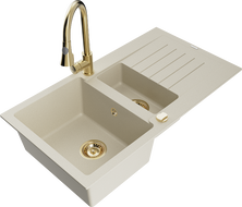 Mexen Matias Granitspüle 1,5-beckig mit Abtropffläche und Küchenarmatur Elia, beige - 6502-69-670101-50