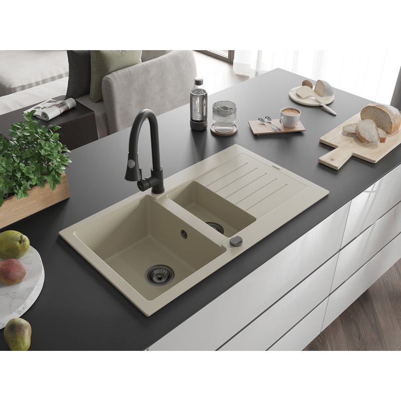 Mexen Matias granitspüle 1,5-becken mit abtropffläche und küchenarmatur Elia, beige - 6502-69-670101-70