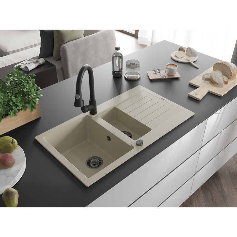 Mexen Matias Granitspüle 1,5-beckig mit Abtropffläche und Küchenarmatur Elia, beige - 6502-69-670101-70