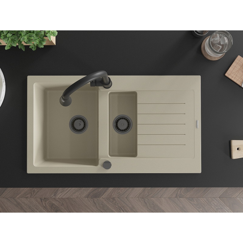Mexen Matias granitspüle 1,5-becken mit abtropffläche und küchenarmatur Elia, beige - 6502-69-670101-70