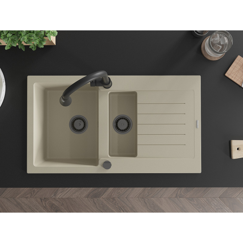 Mexen Matias Granitspüle 1,5-beckig mit Abtropffläche und Küchenarmatur Elia, beige - 6502-69-670101-70