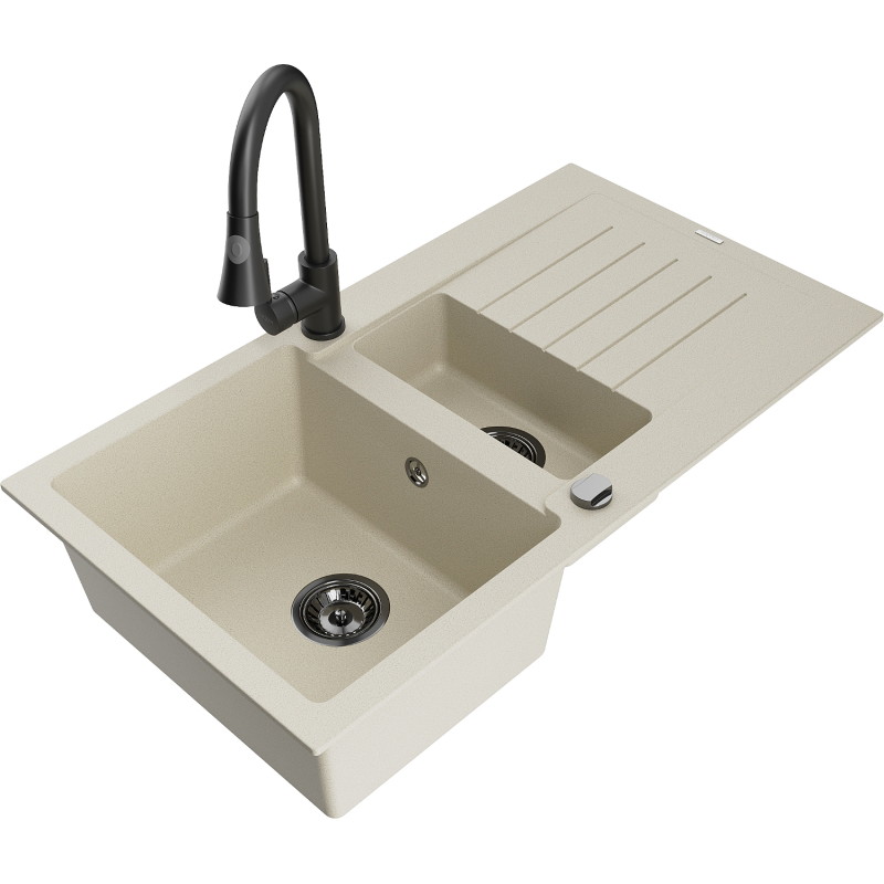 Mexen Matias Granitspüle 1,5 Kammern mit Abtropffläche und Küchenarmatur Elia, beige - 6502-69-670101-70