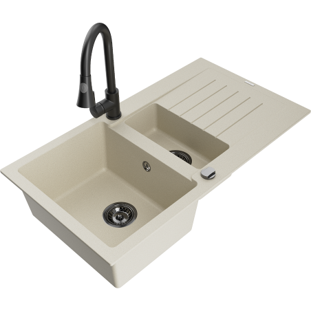Mexen Matias Granitspüle 1,5-beckig mit Abtropffläche und Küchenarmatur Elia, beige - 6502-69-670101-70