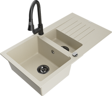 Mexen Matias Granitspüle 1,5-beckig mit Abtropffläche und Küchenarmatur Elia, beige - 6502-69-670101-70