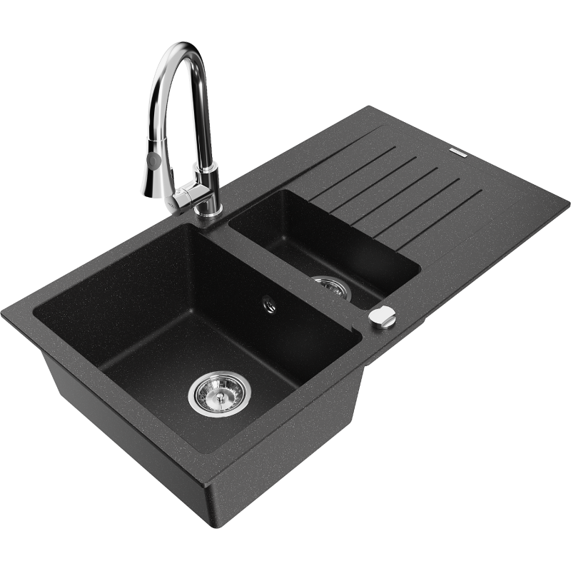Mexen Matias Granitspüle 1,5-Becken mit Abtropffläche und Küchenarmatur Elia, schwarz/silber metallic - 6502-73-670101-00
