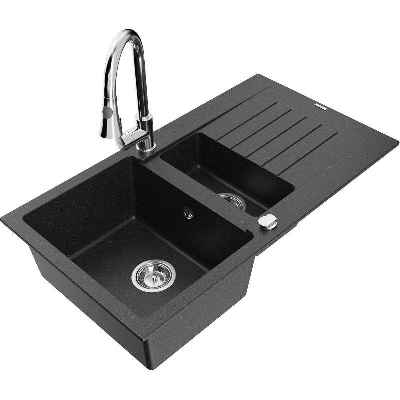 Mexen Matias Granitspüle 1,5-kammerig mit Abtropffläche und Küchenarmatur Elia, schwarz/silber metallic - 6502-73-670101-00