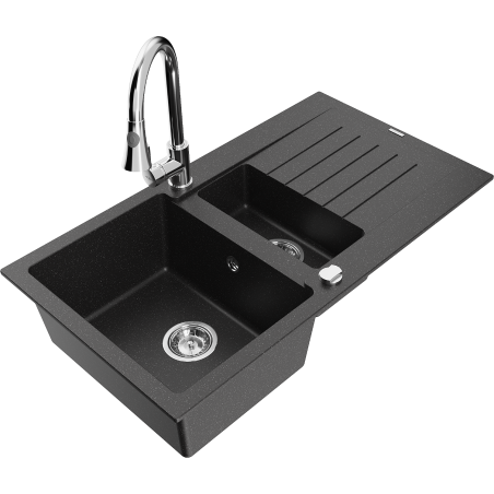 Mexen Matias Granitspüle 1,5-kammerig mit Abtropffläche und Küchenarmatur Elia, schwarz/silber metallic - 6502-73-670101-00