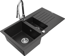 Mexen Matias Granitspüle 1,5-Becken mit Abtropffläche und Küchenarmatur Elia, schwarz/silber metallic - 6502-73-670101-00