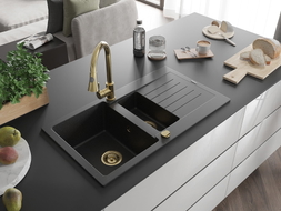 Mexen Matias Granitspüle 1,5-beckig mit Abtropffläche und Küchenarmatur Elia, schwarz/silber metallic - 6502-73-670101-50