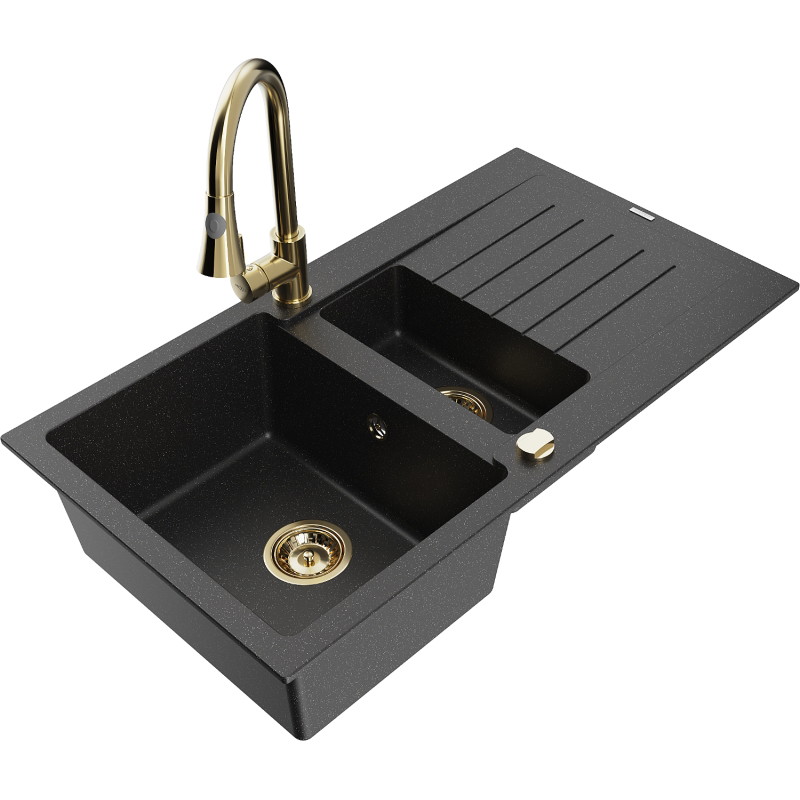 Mexen Matias Granitspüle 1,5-Becken mit Abtropffläche und Küchenarmatur Elia, schwarz/silber metallic - 6502-73-670101-50