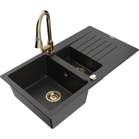 Mexen Matias Granitspüle 1,5-Becken mit Abtropffläche und Küchenarmatur Elia, schwarz/silber metallic - 6502-73-670101-50