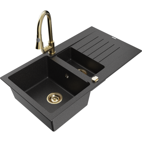 Mexen Matias Granitspüle 1,5-beckig mit Abtropffläche und Küchenarmatur Elia, schwarz/silber metallic - 6502-73-670101-50