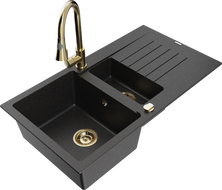 Mexen Matias Granitspüle 1,5-Becken mit Abtropffläche und Küchenarmatur Elia, schwarz/silber metallic - 6502-73-670101-50