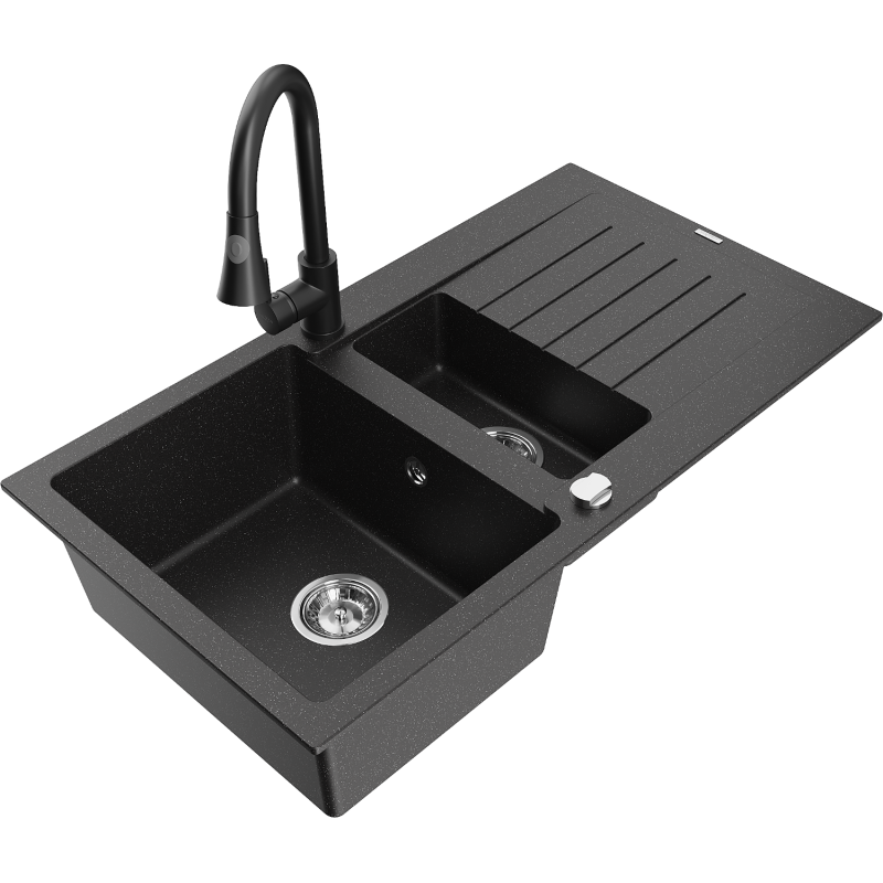 Mexen Matias Granitspüle 1,5-beckig mit Abtropffläche und Küchenarmatur Elia, schwarz/silber Metallic - 6502-73-670101-70