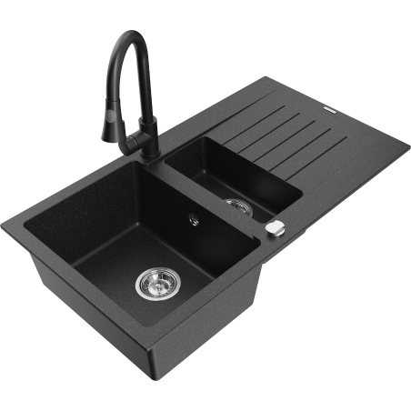 Mexen Matias Granitspüle 1,5-beckig mit Abtropffläche und Küchenarmatur Elia, schwarz/silber Metallic - 6502-73-670101-70