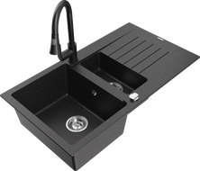Mexen Matias Granitspüle 1,5-beckig mit Abtropffläche und Küchenarmatur Elia, schwarz/silber Metallic - 6502-73-670101-70