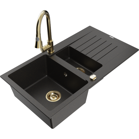 Mexen Matias Granitspüle 1,5-becken mit Abtropffläche und Küchenarmatur Elia, schwarz/gold metallic - 6502-75-670101-50