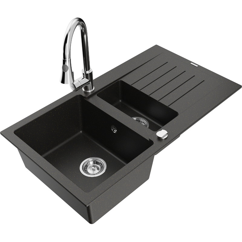 Mexen Matias Küchengranitspüle 1,5-Becken mit Abtropfer und Küchenarmatur Elia, schwarz/gold Metallic - 6502-75-670101-00