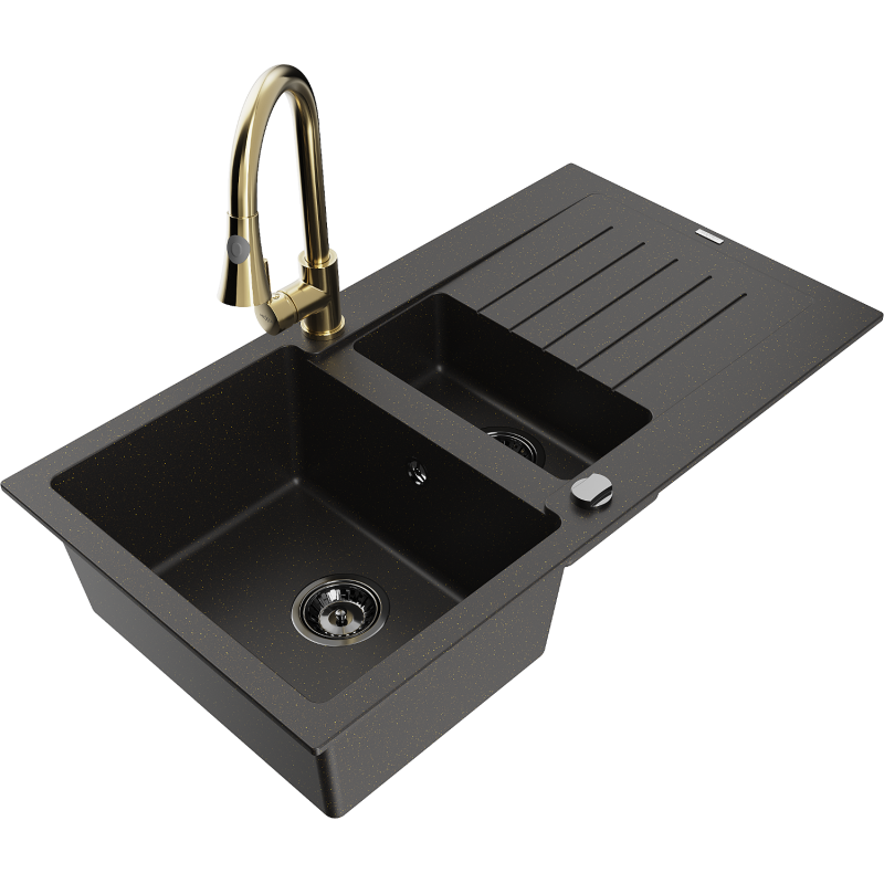 Mexen Matias Granitspüle 1,5-Becken mit Abtropffläche und Küchenarmatur Elia, schwarz/gold metallic - 6502-75-670101-50-B