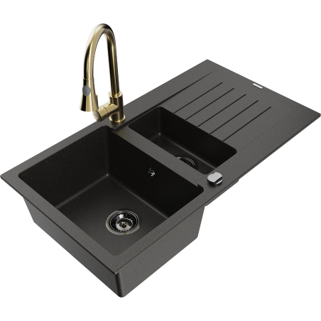 Mexen Matias Granitspüle 1,5-Becken mit Abtropffläche und Küchenarmatur Elia, schwarz/gold metallic - 6502-75-670101-50-B