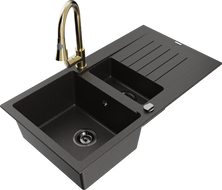 Mexen Matias Granitspüle 1,5-Becken mit Abtropffläche und Küchenarmatur Elia, schwarz/gold metallic - 6502-75-670101-50-B
